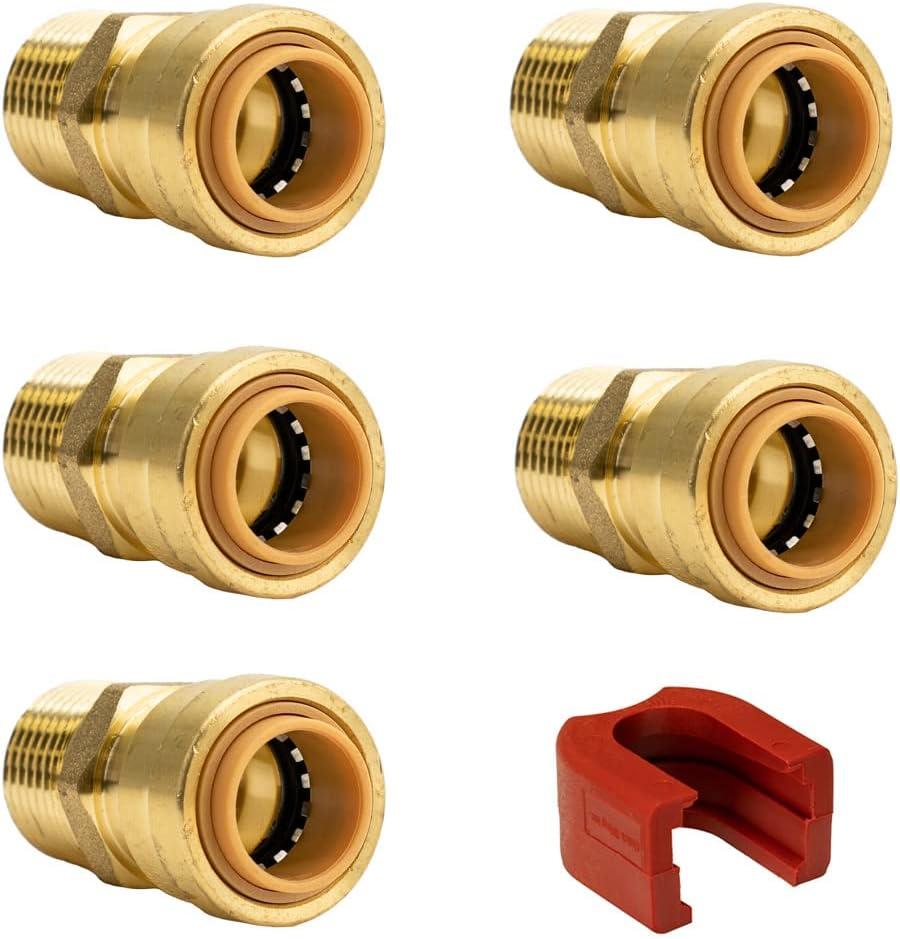 QuickFitting 1/2 Inch x 1/2 Inch MNPT Straight Male Adapter, Push to Connect Brass Plumbing Fitting with Slip Clip Disconnect Tool, for Copper, PEX and CPVC, 5 Pack
