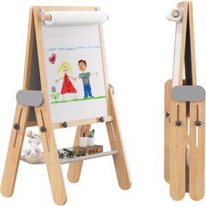 BanaSuper 3-In-1 Folding Kids Art Easel - Double-Sided Foldable Wooden Art Easel with Chalkboard & Whiteboard, Height Adjustable, Portable Art Station with Paper Roll Holder, Ideal Gift for Girl & Boy