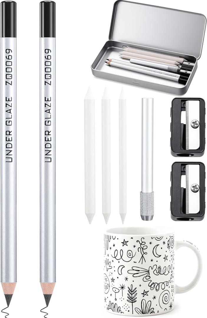 9 Pcs Underglaze Pencil Kits 2 Pcs Black Underglaze Pottery Pen for Ceramics with Blending Stump Pencil Extenders Sharpener Pen Case for Decorating Under Ceramic Pottery Bisque Ware