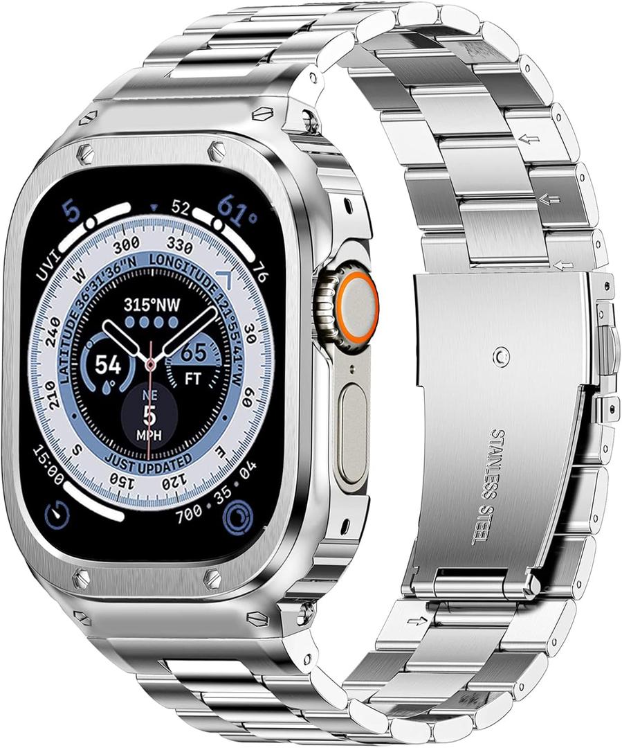 MioHHR Stainless Steel Band and Case Compatible with Apple Watch Band, Men Metal Protective Bumper Cover for iWatch Series, Size: 49mm(Ultra 3/2/1), Silver