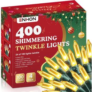 Enhon 4 Pack Twinkling Christmas Lights, 101.6 FT 96 of 400 Random Twinkle Bulbs, Christmas String Lights Connect up to 5 Set, Waterproof Outdoor Indoor Decorations(Gold)