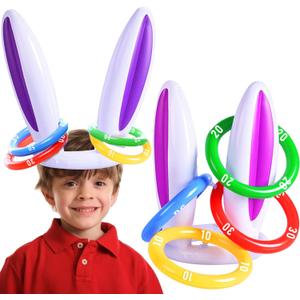 [ Score Ring ] 2 Pack Easter Inflatable Bunny Rabbit Ears Ring Toss Party Games (2 Set & 8 Rings) Indoor Outdoor Rabbit Ring Toss Toys Gift Party Favors Kids Family Easter Party Supplies Carnival Game