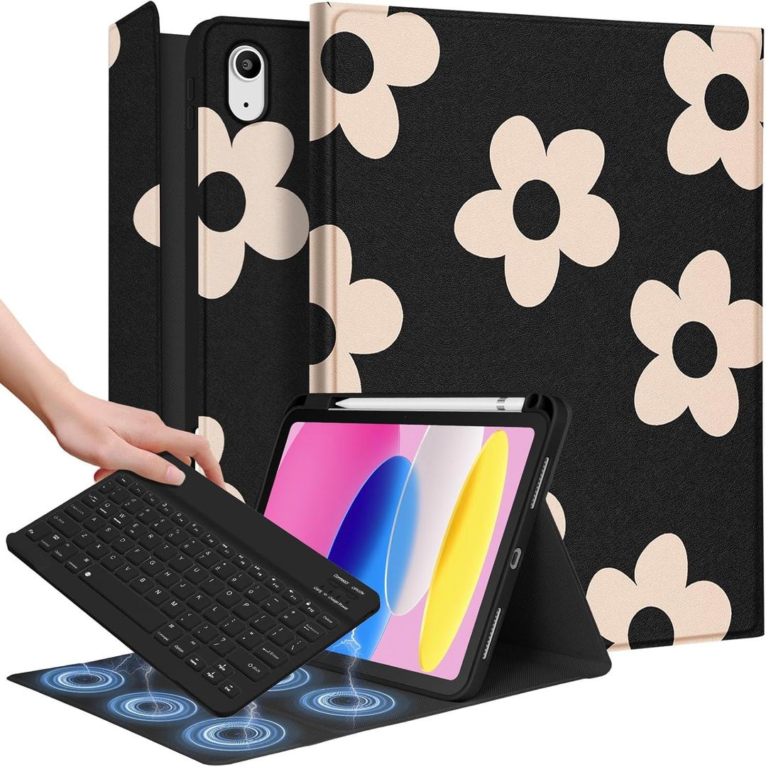 Wazzasoft for iPad 10th Generation Case with Keyboard - for iPad A16 Cases Pencil Holder 10.9 Inch Cover Women Girls Cute Girly Black Flower Unique Design Funda for Apple Tablet 10th/11th gen