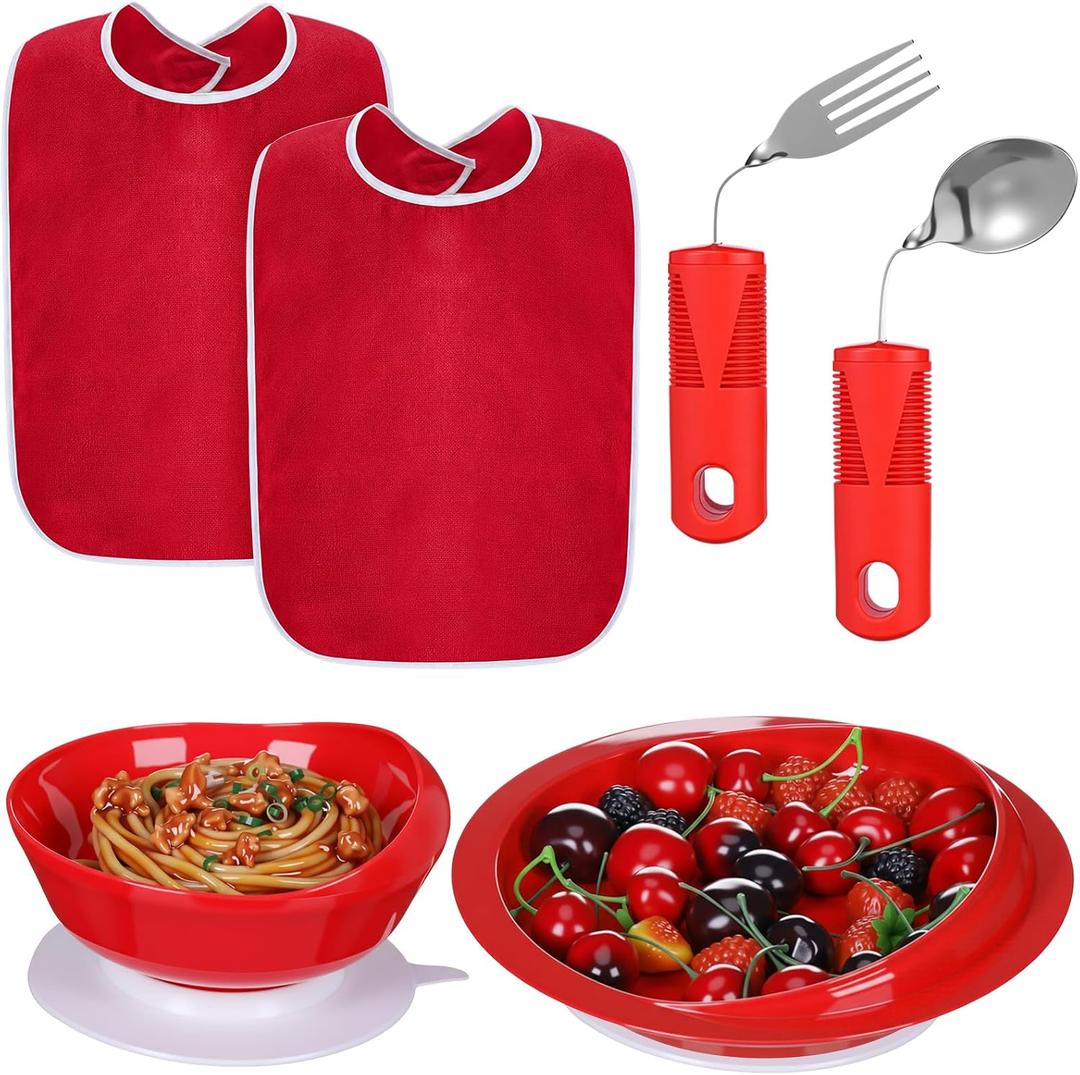6 Pcs Adaptive Utensil with Bib Bowl Plate Set Weight Cutlery Gift for Elderly Disabled Hand Arthritis Parkinson(Red)