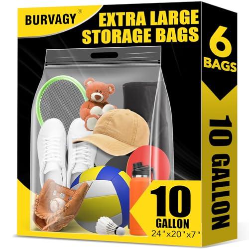 BURVAGY 6Pack Extra Large Plastic Storage Bags 10 Gallons 24"x20"x7" Zero BPA Double Zipper Seal 4 Mils Thick Double Layer Carry Handle Resealable Moving Seasonal Travel Clothes