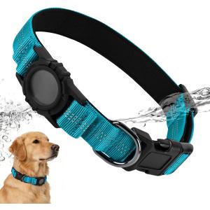 Upgraded Waterproof Dog Collar with Tracking Tag Holder, IP68, Reflective, Ultra-Durable Comfort Padded Heavy Duty Collar for Small Medium Large Dogs(Blue, Medium)