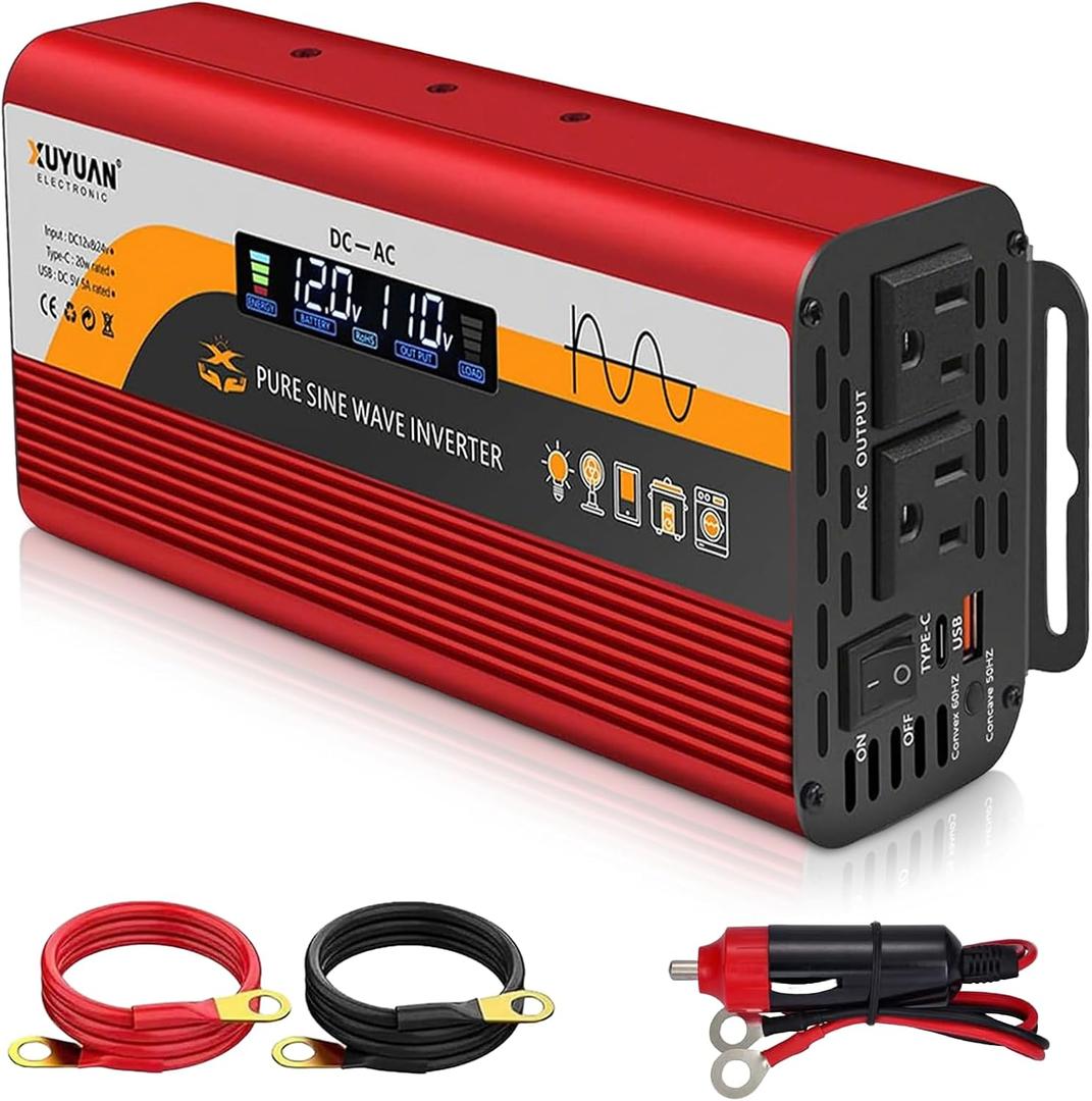 1000W Pure Sine Wave Inverter, 12V/24V Auto-Detect, 50Hz/60Hz Switchable, LCD Display, Type-C Fast Charging, Silent Design, Overload & Overheat Protection for RV, Home