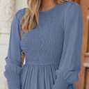 ZESICA Women's Casual Long Sleeve Crew Neck High Waist Smocked Flowy Tiered Midi Dress (Blue, M)