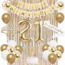 Trgowaul 21st Birthday Decorations for her, Champagne Gold Happy 21st Birthday Supplies for Girls, 21 Sash and Crown, Banner, Fringe Curtains, Cake Topper, 21 Year Old Party Supplies Set
