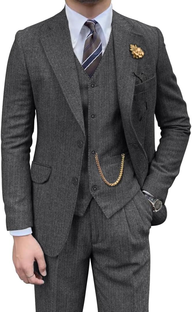 Retro Mens 3 Piece Suit Tweed Herringbone Slim Fit Suits Groomsmen Brown Tuxedos Set Prom Jacket Blazer Vest Pants for Men (Medium, Grey)
