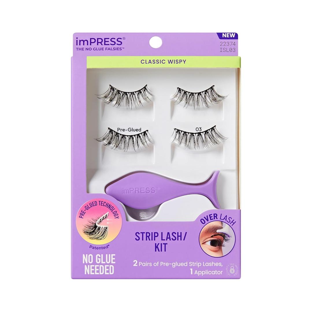 KISS imPRESS Strip Lash Kit Multipack Kit Pre-Glued Strip Lashes Kit, Classic Wispy, Black, 2 Pairs False Eyelashes