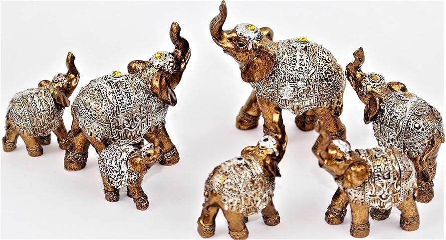 usamjtable Set of 7 Lovely Lucky Elephants Statues Feng Shui Figurine Home Decor Housewarming Birthday Display Stands (Brass)