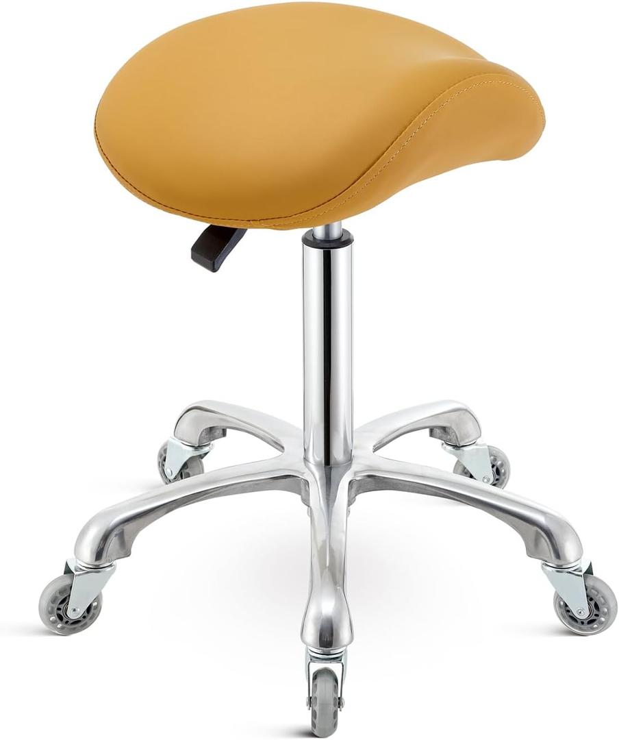 Saddle Stool Chair with Wheels,Ergonomic Swivel Rolling Height Adjustable for Salon Beauty Clinic Dentist Tattoo Home Office (Camel)
