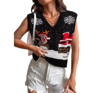 JULYCLO Christmas Sweater Vest Women Ugly Xmas Reindeer Knit Sweaters Casual Santa Snowflake V Neck Sleeveless Outwear Tops (Black) XL