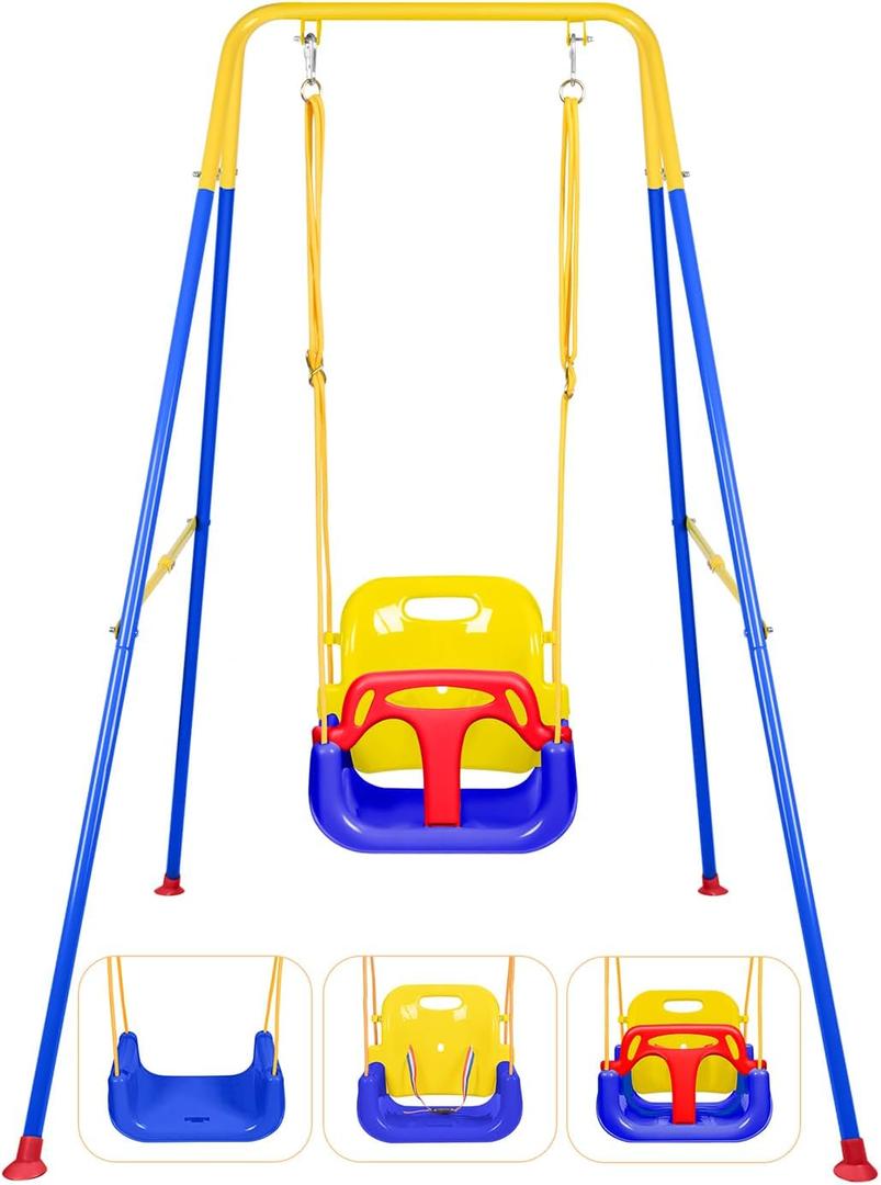 3-in-1 Toddler Swing Set, Indoor & Outdoor Baby Swing Heavy Duty Swing Set with Foldable Metal Stand for Aged 6 Months to 10 Years Old, Easy to Assemble and Store(Blue)