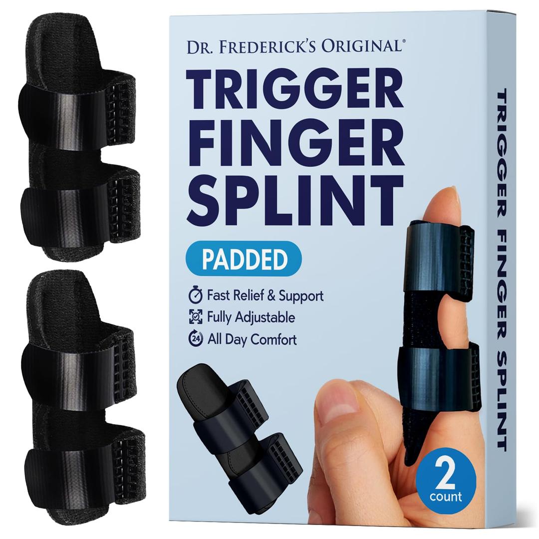 Dr. Frederick's Trigger Finger Splint - 2 ct - HSA/FSA - Index, Middle & Ring Fingers - Padded Brace for Arthritis, Mallet Finger, Tendonitis - Adjustable, Doctor-Developed - Regular Black (Large)