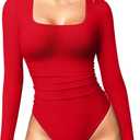 OQQ Women's Bodysuits Ruched Long Sleeve Square Neck Lounge Stretch Travel Bodysuits (Red, XL)