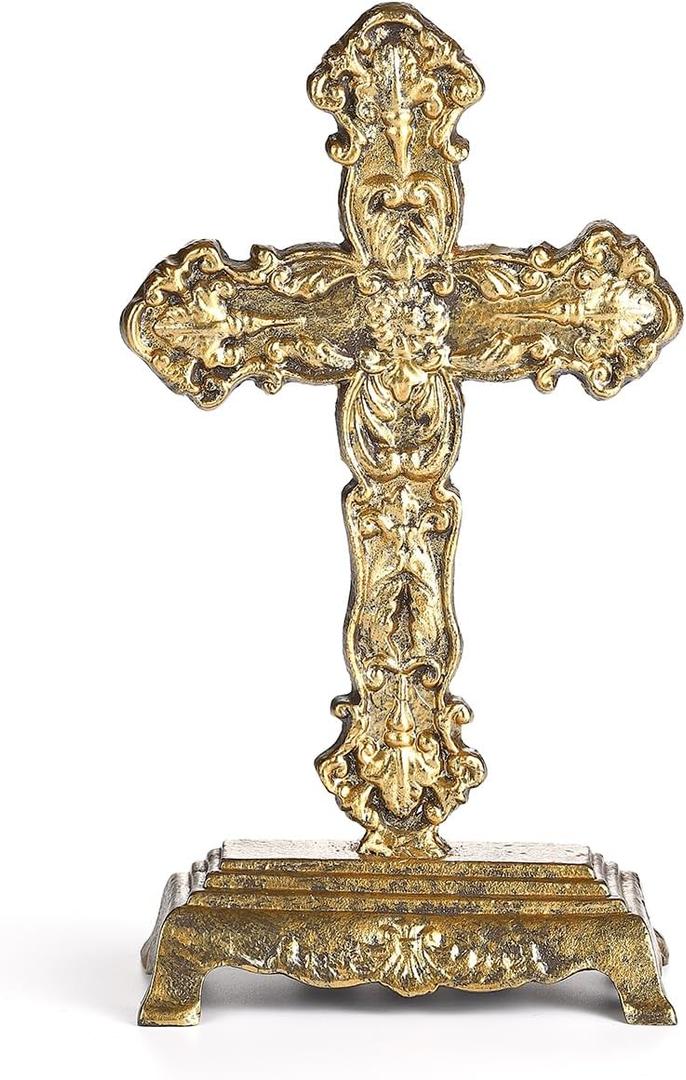 12" H Cast Iron Cross Stand Tabletop for Home Decor, Antique Gold