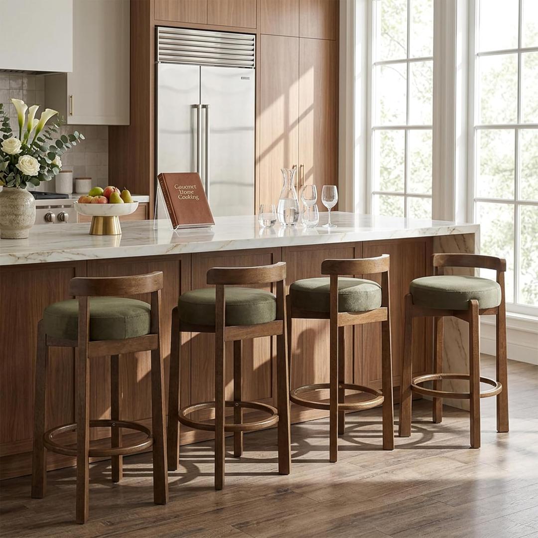 Merax Bar Stools Set of 2, Mid Century Upholstered Barstools in Rubber Wood Frame with Low Back, 26.3" Seat Height Counter Stools with Ring Footrest for Dining Room, Dark Walnut+ Green