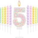 MTLEE Number 5 Birthday Candle with 12 Pcs Spiral Candles for Girls Macaron Pastel Rainbow Unicorn Pink Cake Topper for Sweet Theme Party Decoration (White)