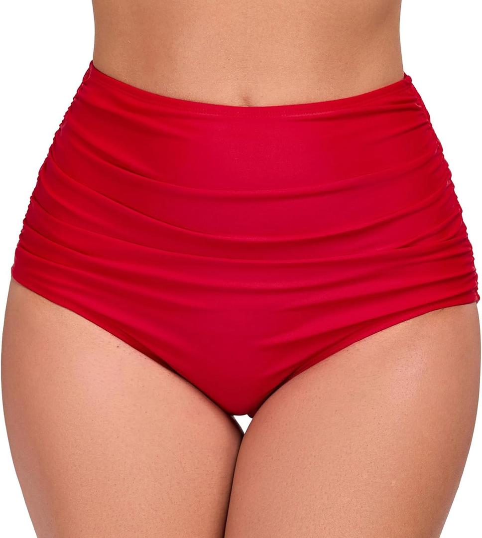 Womens High Waisted Full Ruched Bikini Swim Bottoms Tummy Control Full Coverage Swimsuit Bottoms (Large, Red3)