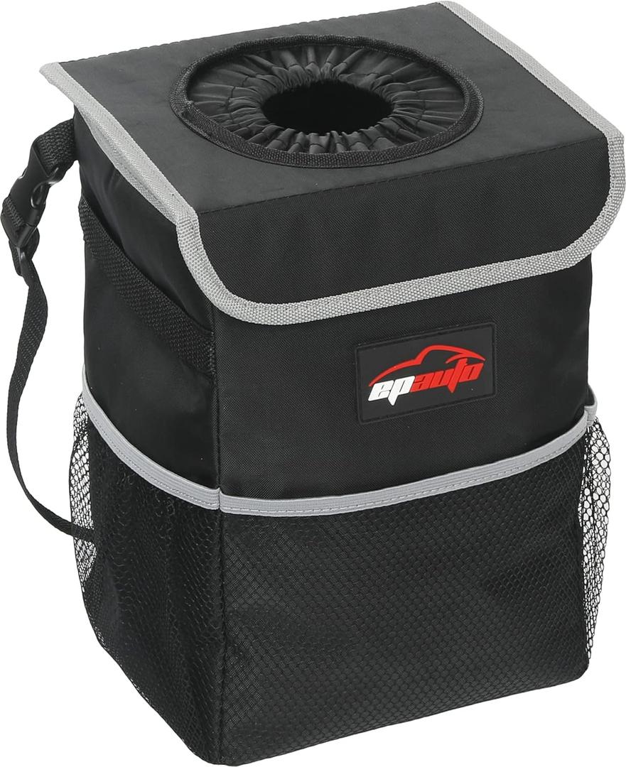EPAuto Waterproof Car Trash Can with Lid and Storage Pockets, 2.5 Gallon, Black
