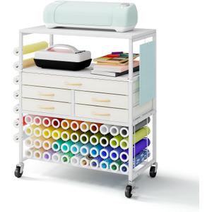 LUCKUP Organization and Storage Craft Table for Cricut Machines, Rolling Cart Cabinet with Extend Tabletop, 51 Vinyl Roll Holders, 5 Drawers & Heat Press Workstation