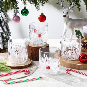 Sunnychicc 2 Pcs Christmas Icon Glass Cups 12 oz Candy Cane Drinking Glassware Wine Stemless Double Old Fashioned Blown Cocktail Cups for Women Friends Lovely Christmas Gifts