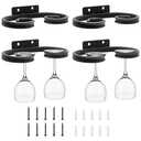 SAMGUYUE 4 Pcs Wall Mounted Wine Glass Rack Stemware, Metal Black Wine Cup Glasses Hanger Holder, Stemware Storage Organizer for Bar Kitchen Dining Room (6.77 Inch)