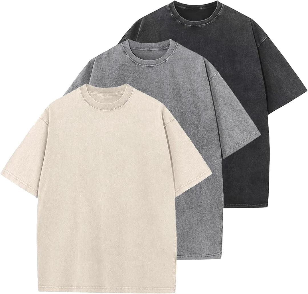 GSOU SNOW Men Oversized T Shirt Cotton Casual Unisex Short Sleeve Vintage Baggy Tee Shirts Washed Mens Streetwear (L)