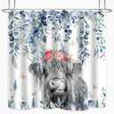 Blue Eucalyptus Highland Cow Shower Curtain Watercolor Floral Leaves Cattle Plants Botanical Bathroom Decor Waterproof Fabric Cloth 72Lx72W Inch with 12PCS Hooks