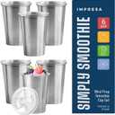 IMPRESA Smoothie Cups for Freezer - 16.9 Oz Stainless Steel Glossy Silver 6-Pack - Reusable Slide-Top Spill-Resistant Lids & Dry-Erase Friendly - Meal Prep Smoothie Storage Containers