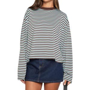 Y2k Womens Striped Tee Shirt Long Sleeve Crop Top Drop Shoulder Stripe Cropped Sweaters Sweatshirt Fairy Grunge Streetwear Size S