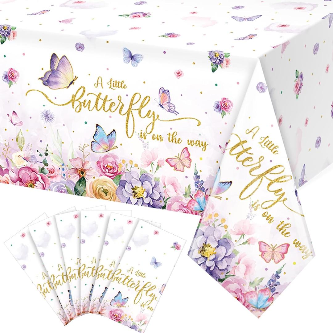 FunnyPars 6 Pack Butterfly Baby Shower Tablecloth, Little Butterfly is On The Way Baby Shower Decorations, Plastic Disposable Rectangle Watercolor Spring Themed Tablecloth Backdrop Party Decorations