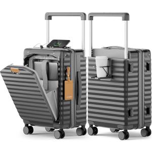 Joyway 20 Inch Carry on Luggage with Front Pocket, PC Hardshell Carry-on Suitcase with USB Port and Cup Holder, 21.5x14.2x9 Airline Approved, Luggage with Spinner Wheels and TSA Lock (Grey)