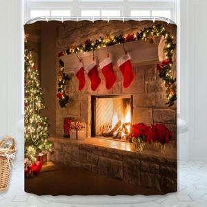 Christmas Shower Curtain, Christmas Socks Xmas Tree Gift Box Fireplace Bathroom Curtain Bathroom Decoration Bathroom Decor Curtain with 12 Hooks 60x72 Inches (Style 17)