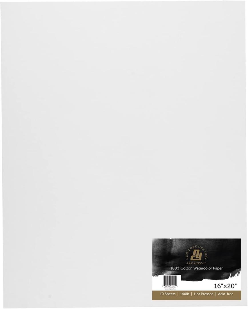 New York Central Watercolor Paper - 16x20-1 Pack of 10 Sheets, 140 lb. Hot Press - 100% Cotton, Acid-Free, Archival Quality, Bright White Watercolor Paper Pad for Wet & Dry Media
