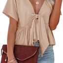 Women's Short Sleeve V Neck Blouses Ruffle Hem Tie Front Crop Tops Lightweight Basic Summer Tops, Size M, Peach