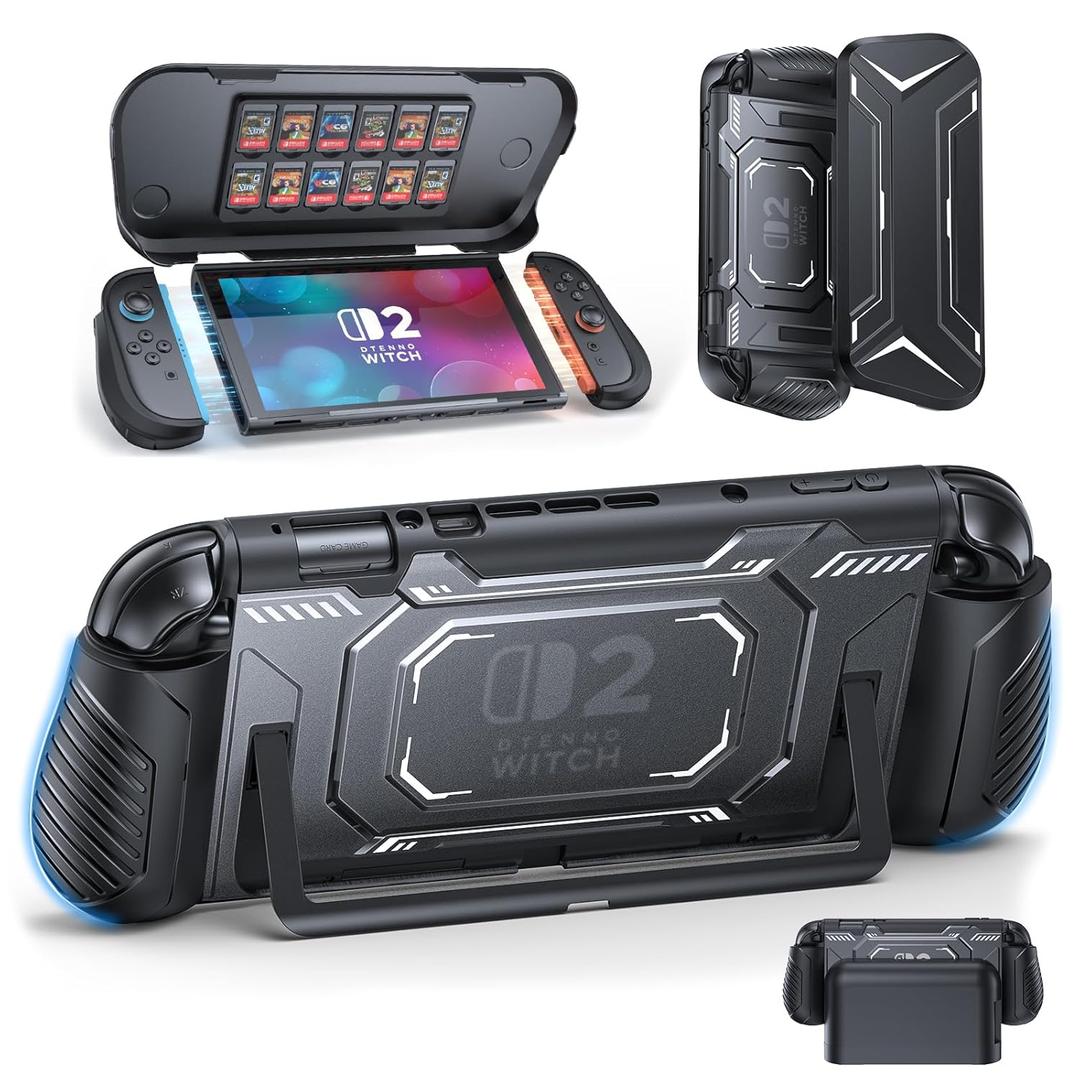 FASTSNAIL Switch 2 Protective Case, Switch 2 Cover with Dockable TPU Middle Frame, Non-Slip Ergonomic Grip for Joycon 2, Anti-Scratch PC Front Cover with 12 Game Card Slots for Switch2 Accessories