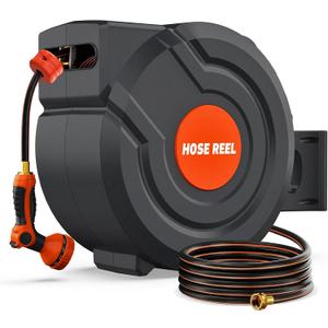 100FT Retractable Garden Hose Reel 5/8 Inch Heavy Duty Wall Mounted Retractable Hose Reel with 9-Pattern Nozzle, 180° Swivel Auto Rewind, Any Length Lock Water Hose Reel for Yard Garden Car Washing