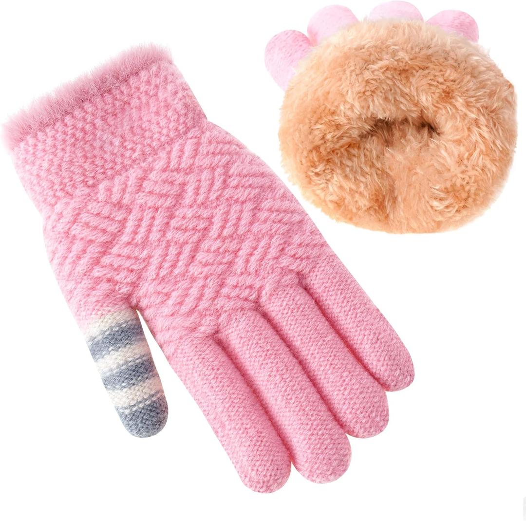 Winter Gloves for Boys Girls - Kids Warm Knit Thermal Cable Knitted Gloves Wool Fleece Lined Mittens for Cold Weather (1 Pair, Classic Pink)
