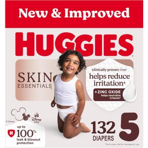 Huggies Size 5 Diapers, Skin Essentials Baby Diapers, Size 5 (27+ lbs), 132 Count (2 Packs of 66)