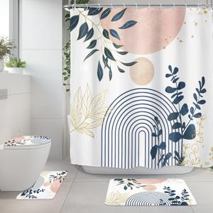 Riyidecor Boho Pink Navy Blue 4Pcs Shower Curtain Set with Toilet Lid Cover and Non-Slip Rugs, Mid Century Modern Minimalist Bathroom Decor SetAbstract Contour and Bath Mat with 12 Hooks