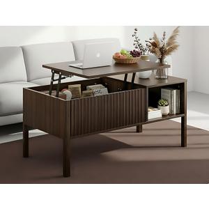 Fluted Lift Top Coffee Table with Hidden & Open Storage, Rectangle Modern Coffee Table for Living Room, Smooth Hydraulic Lift, Large Capacity, Safe Round Corners, Easy to Clean, Vertical Grain-Brown, Standard, 18.9"D x 37.5"W x 22.1"H
