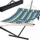 SUNCREAT Hammocks Double Cotton Rope Hammock with Polyester Pad, Heavy Duty Hammock with Steel Stand, Blue&Green