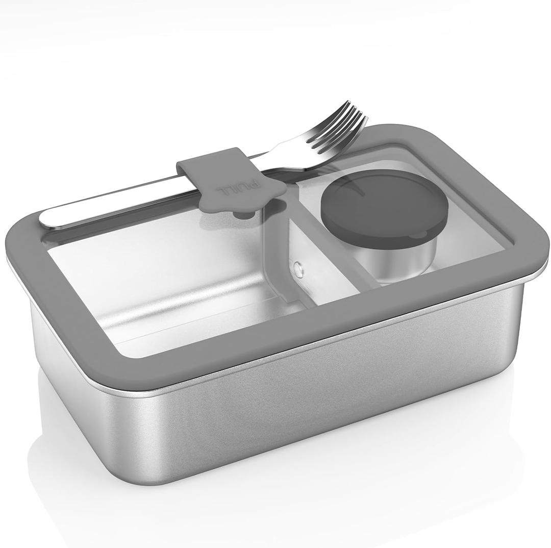 Stainless Steel Bento Box for Adult, 42oz Leak-Proof Metal Lunch Box Containers with Adjustable Divider, Microwave-Safe, Lunchbox with Glass Lid for Work Travel, Silver