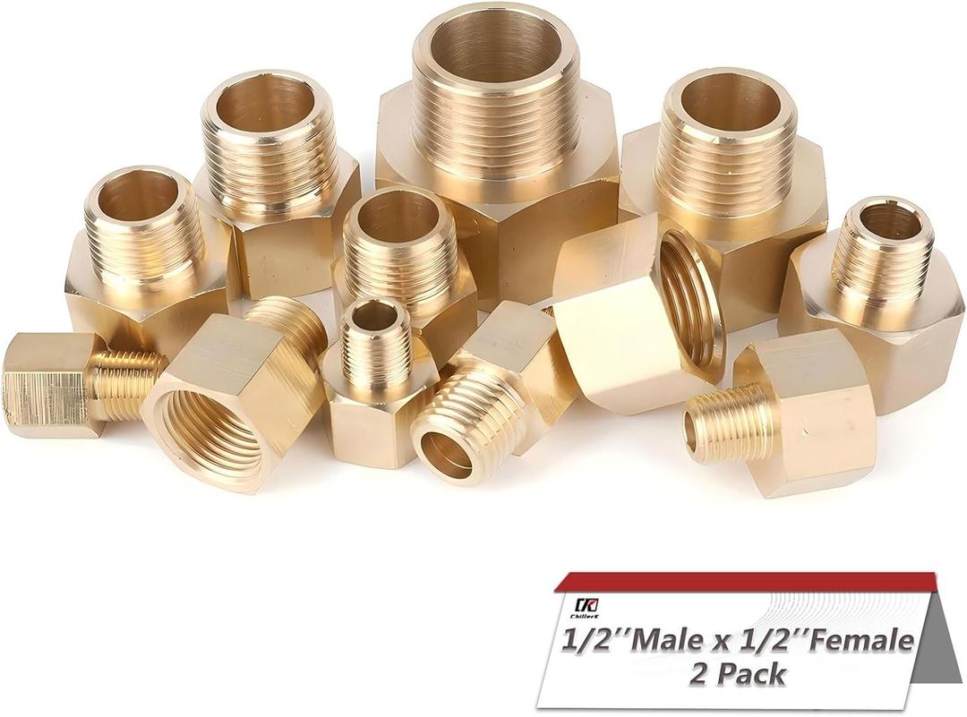 Hex Couplings, 1/2" x 1/2" NPT Male To Female Brass Hex Nipple Adapters, Brass Pipe Extension Fittings for Oil/Air/Water/Gas Systems. (2 Pack)