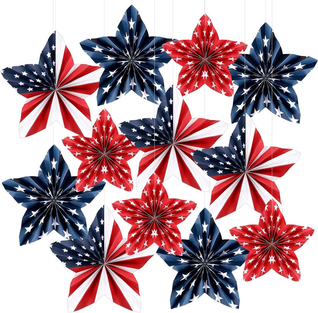 12 Pcs 4th of July Star Patriotic Paper Fan Decor Red Blue White USA Flag Star Hanging Decorative Paper Fans Decor 250th Anniversary for Classroom Independence Day Veterans Labor Day