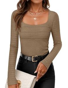 ZESICA Women's Long Sleeve Shirts 2025 Fall Fashion Square Neck Slim Fit Basic Going Out Tops Trendy Outfits Khaki Large
