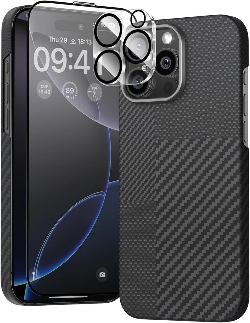 JUESHITUO 3 in 1 for iPhone 16 Pro Case, Ultra Slim & Light [600D&1500D Aramid Fiber Made] [Fit for MagSafe] Minimalist Carbon Fiber Textures-Less Touch Feeling Thin Sturdy Magnetic Cover, Black
